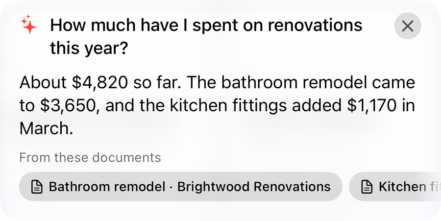 Ask AI in Papers answering the question How much have I spent on renovations this year, with the source documents cited as tappable chips