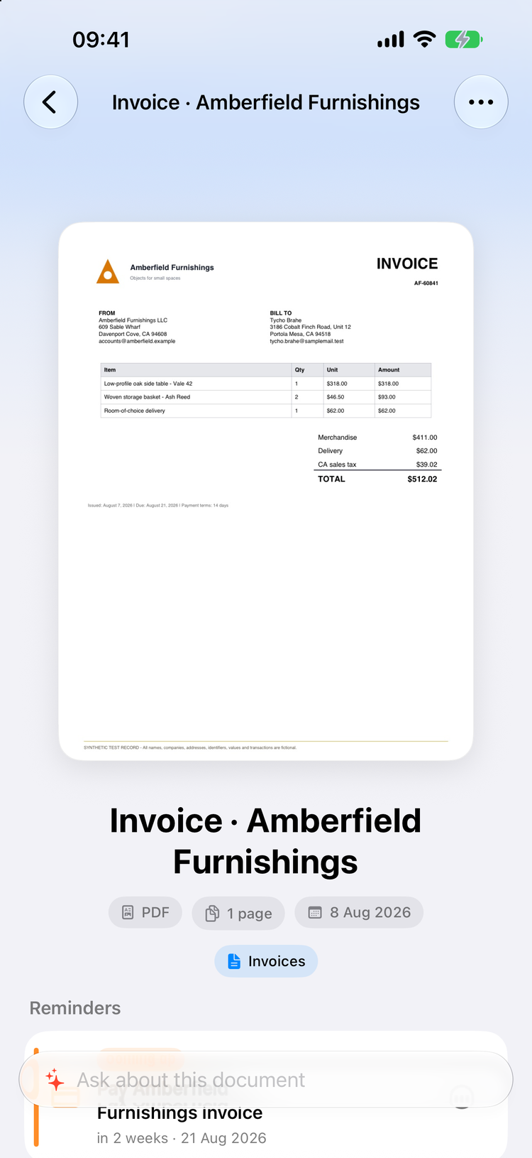 A document in Papers with an automatically written title, an Invoices tag, and extracted details like due date and total price