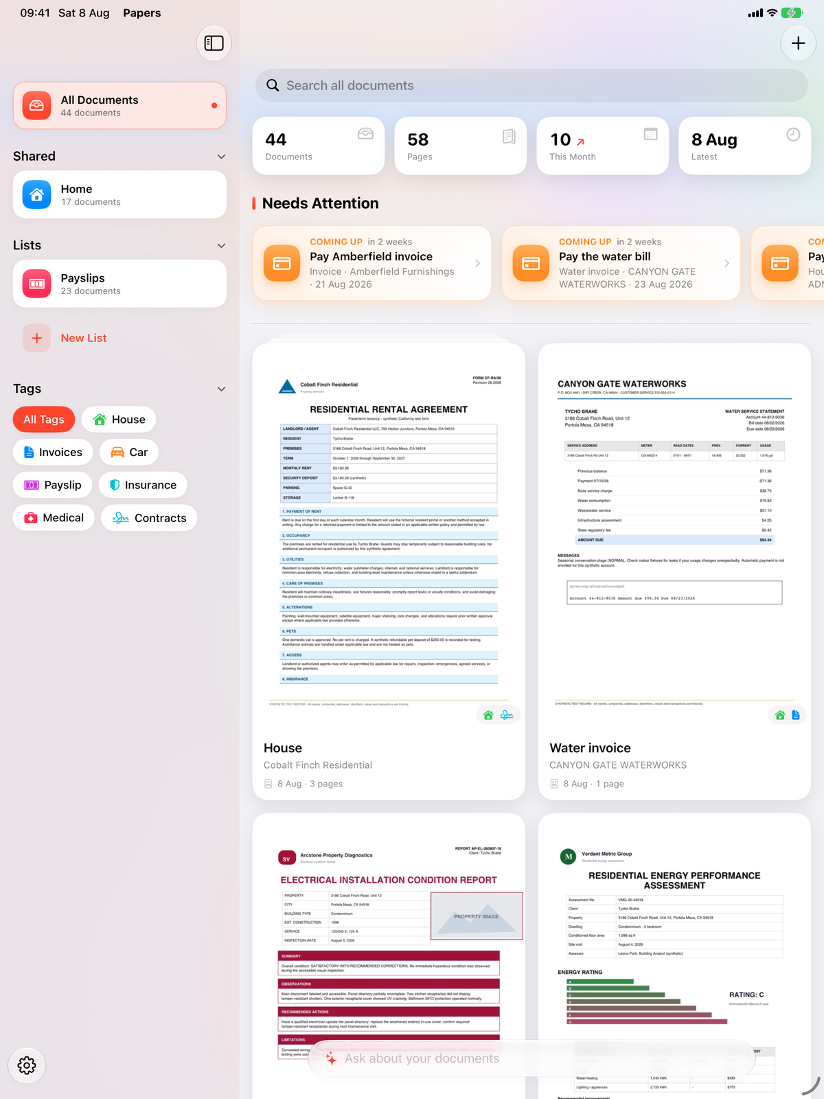 Papers on iPad: a sidebar with lists and colorful tags next to the document library, with stats and the Needs Attention rail