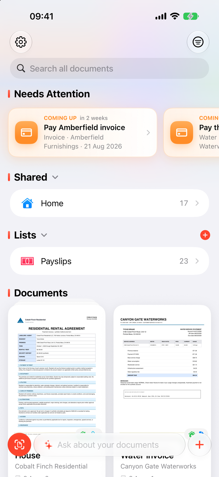 The Papers library on iPhone: a Needs Attention card saying Pay Amberfield Furnishings invoice, a Home list, and scanned documents with automatic titles